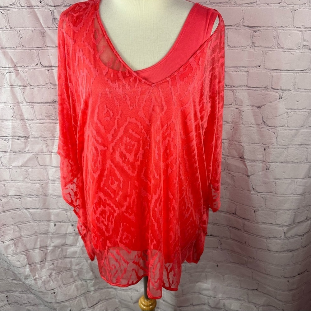Chicos Coral v-neck poncho blouse with matching tank sz L/XL burnout design